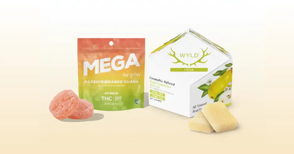 Pouch of Grön MEGA gummies next to a box of Wyld lemon cannabis edibles