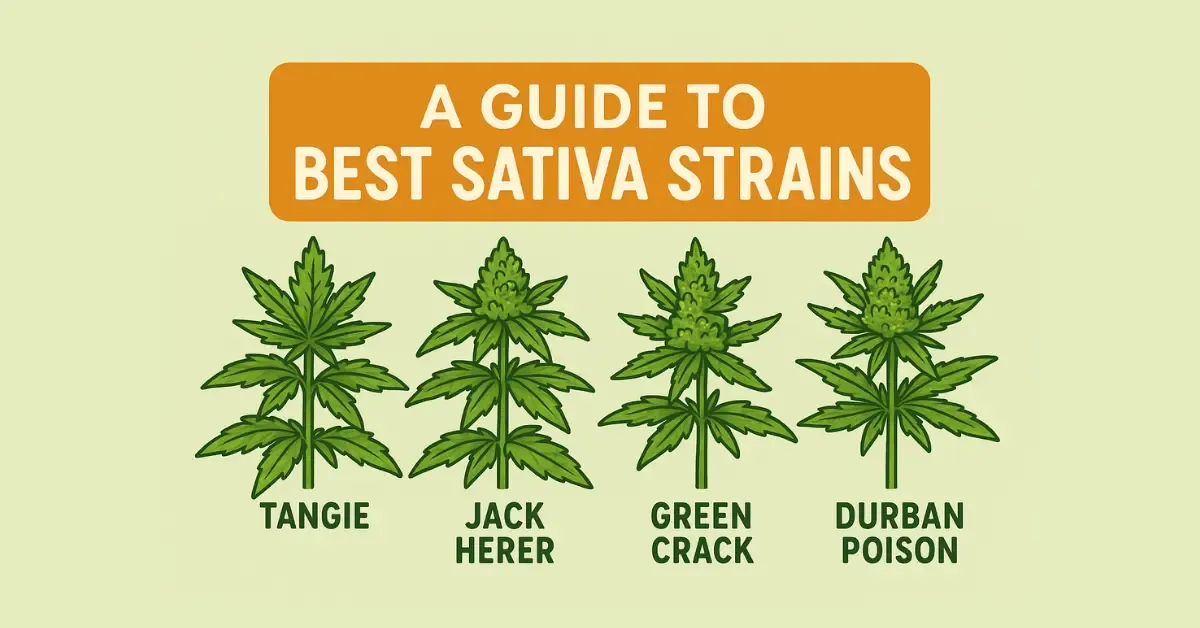 Illustrated guide to the best sativa strains with cannabis leaves labeled Tangie, Jack Herer, Green Crack and Durban Poison