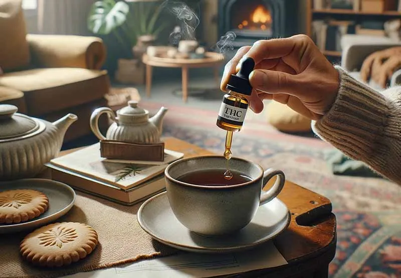 Hand adding drops of cannabis tincture from a dropper bottle into a cup of tea in a cozy living room