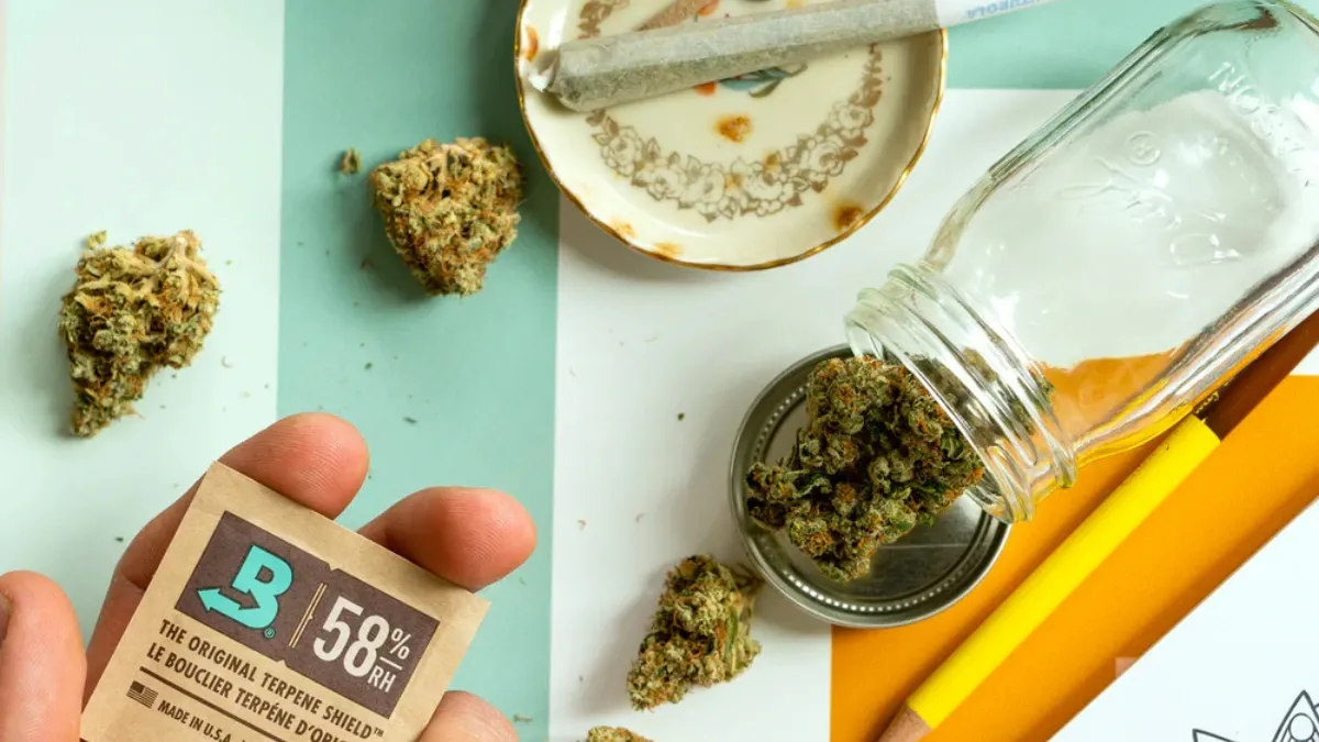 Hand placing a Boveda 58% two-way humidity pack beside an open glass jar of cannabis flower