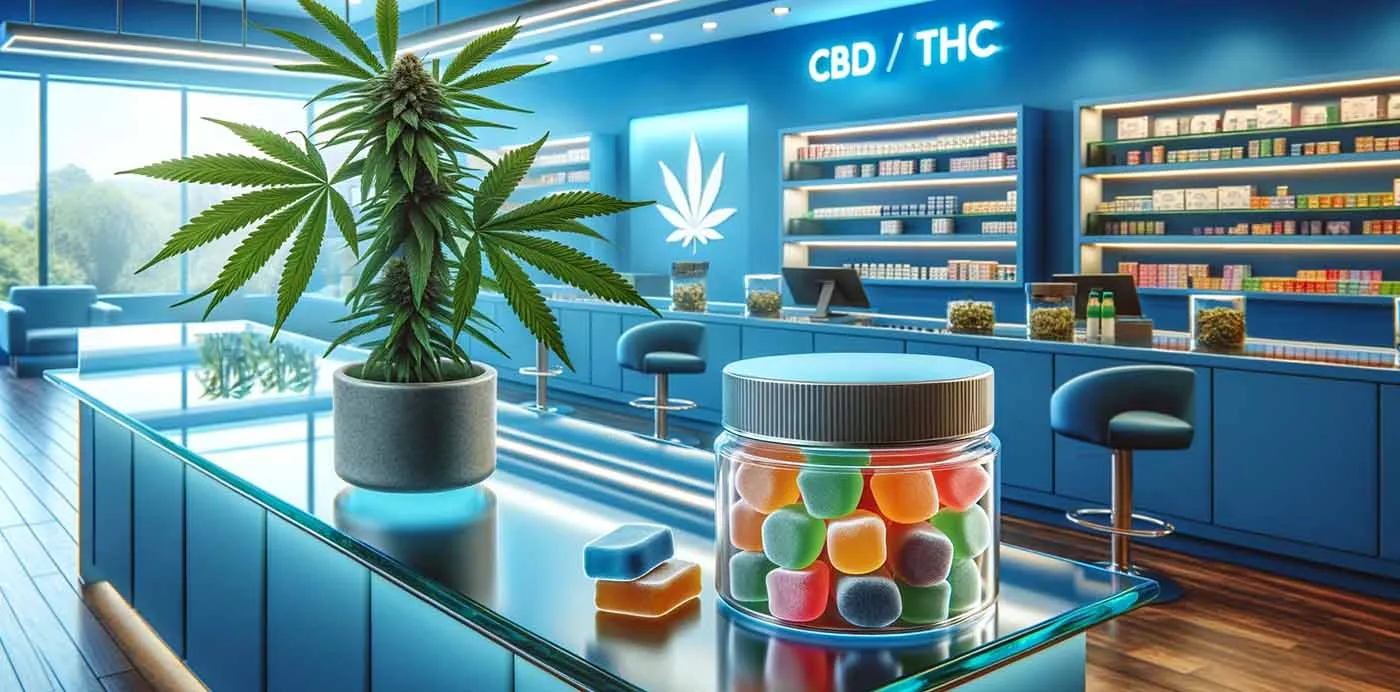 Jar of CBD gummies and a hemp plant on the counter of a bright CBD and THC shop