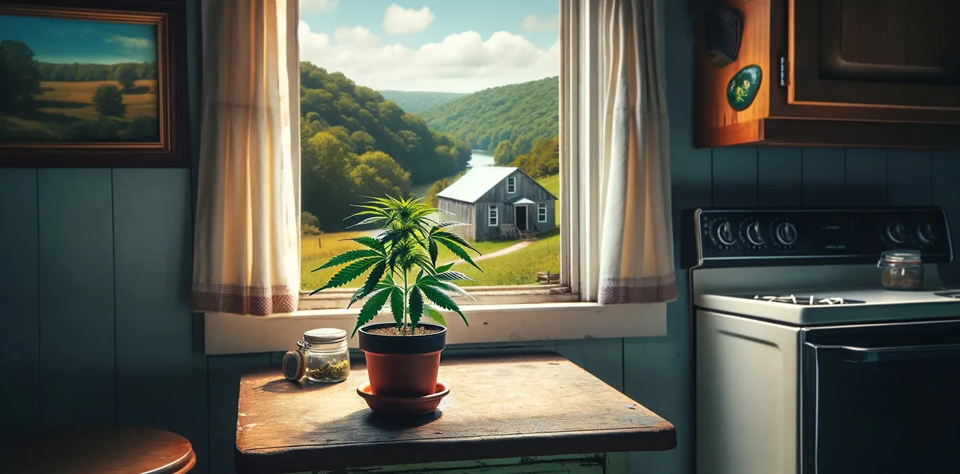 Cannabis plant in a pot on a kitchen table by a window overlooking Ohio hills