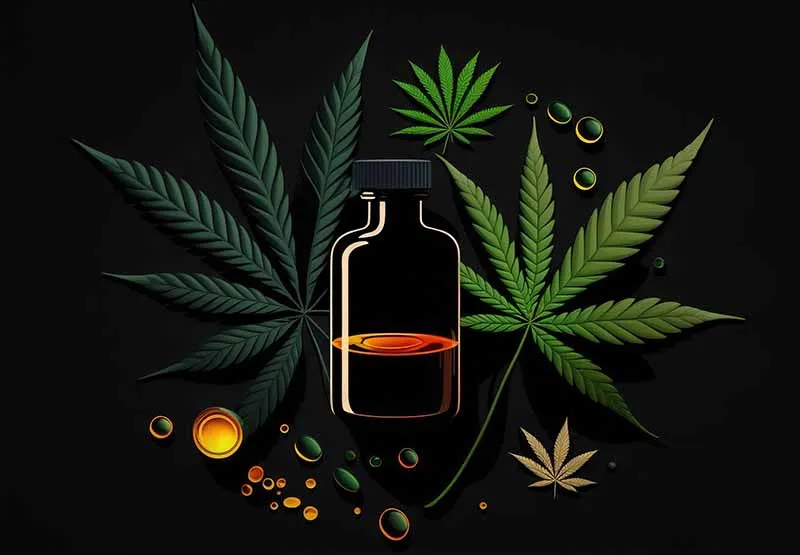 Illustration of an amber tincture bottle surrounded by cannabis leaves and oil droplets on a black background