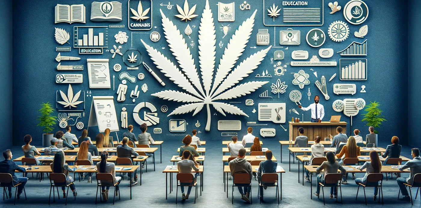 Illustration of people seated at desks in a classroom facing a wall of educational icons centered on a large cannabis leaf