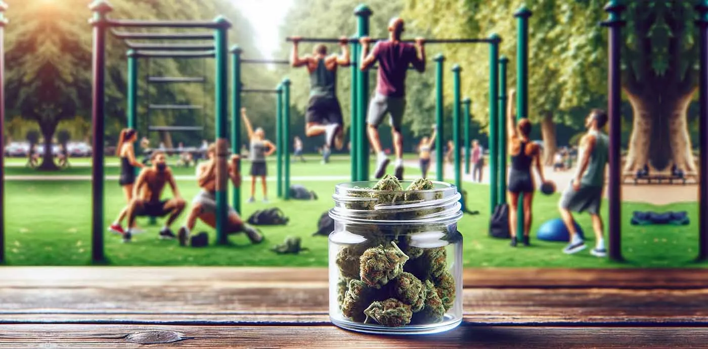 Glass jar of cannabis buds on a ledge in front of people exercising at an outdoor park gym