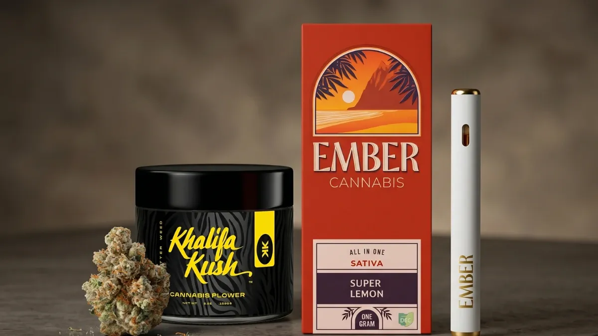 Khalifa Kush flower jar next to an Ember cannabis vape package and battery