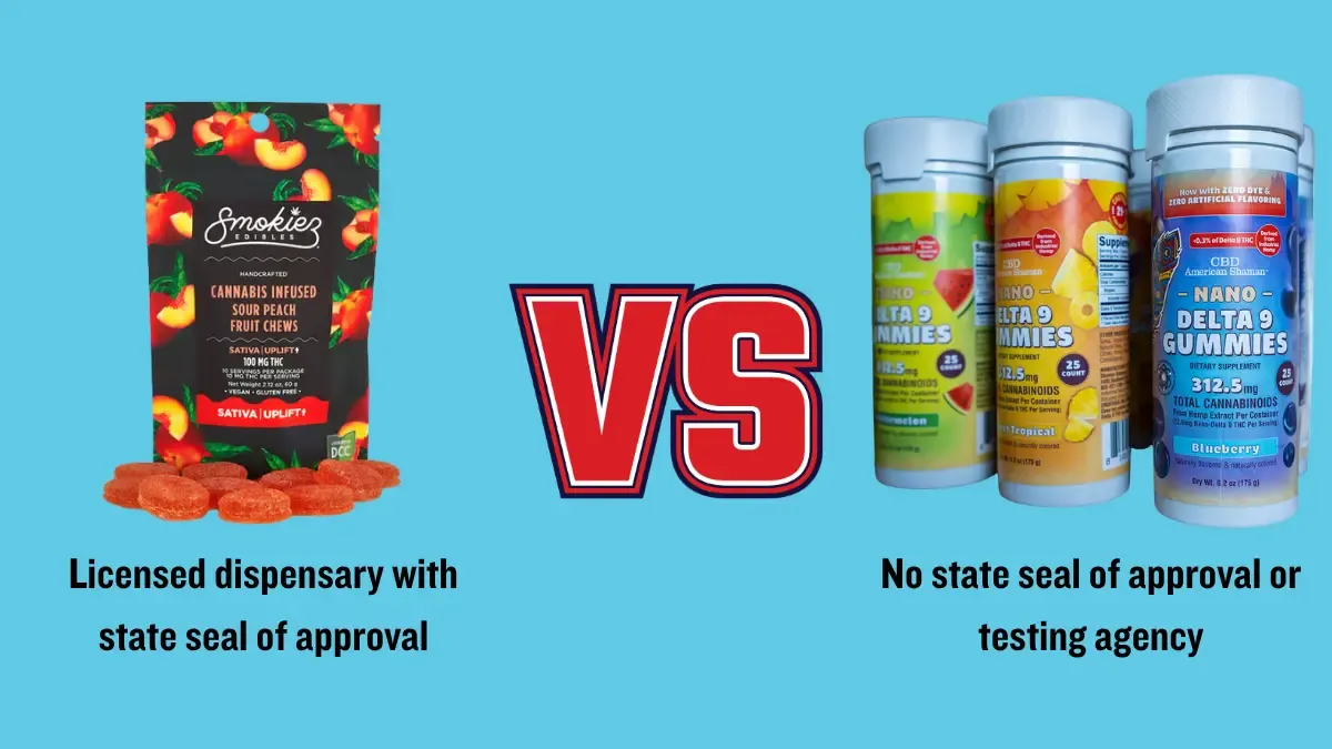 Comparison graphic: a licensed Ohio dispensary edible with the state seal of approval versus delta 8 products with no state seal or testing agency