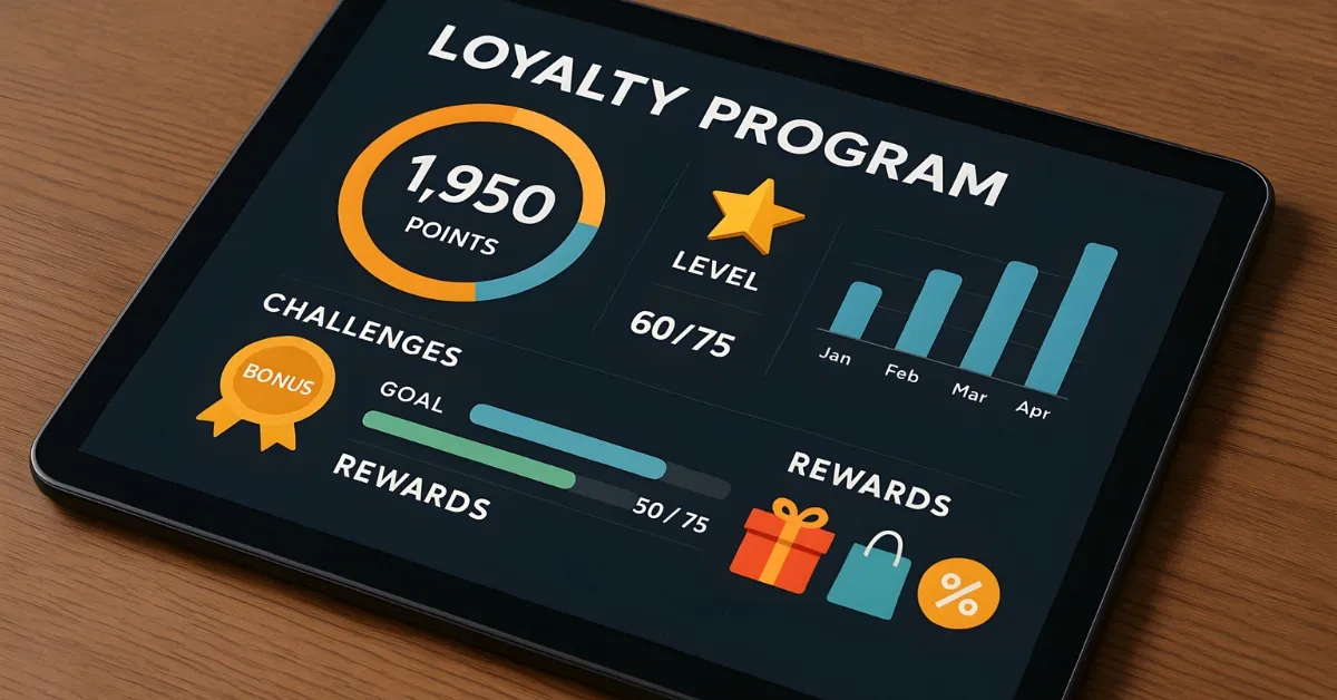 Tablet screen showing a loyalty program dashboard with a points balance, level progress, rewards and a bar chart
