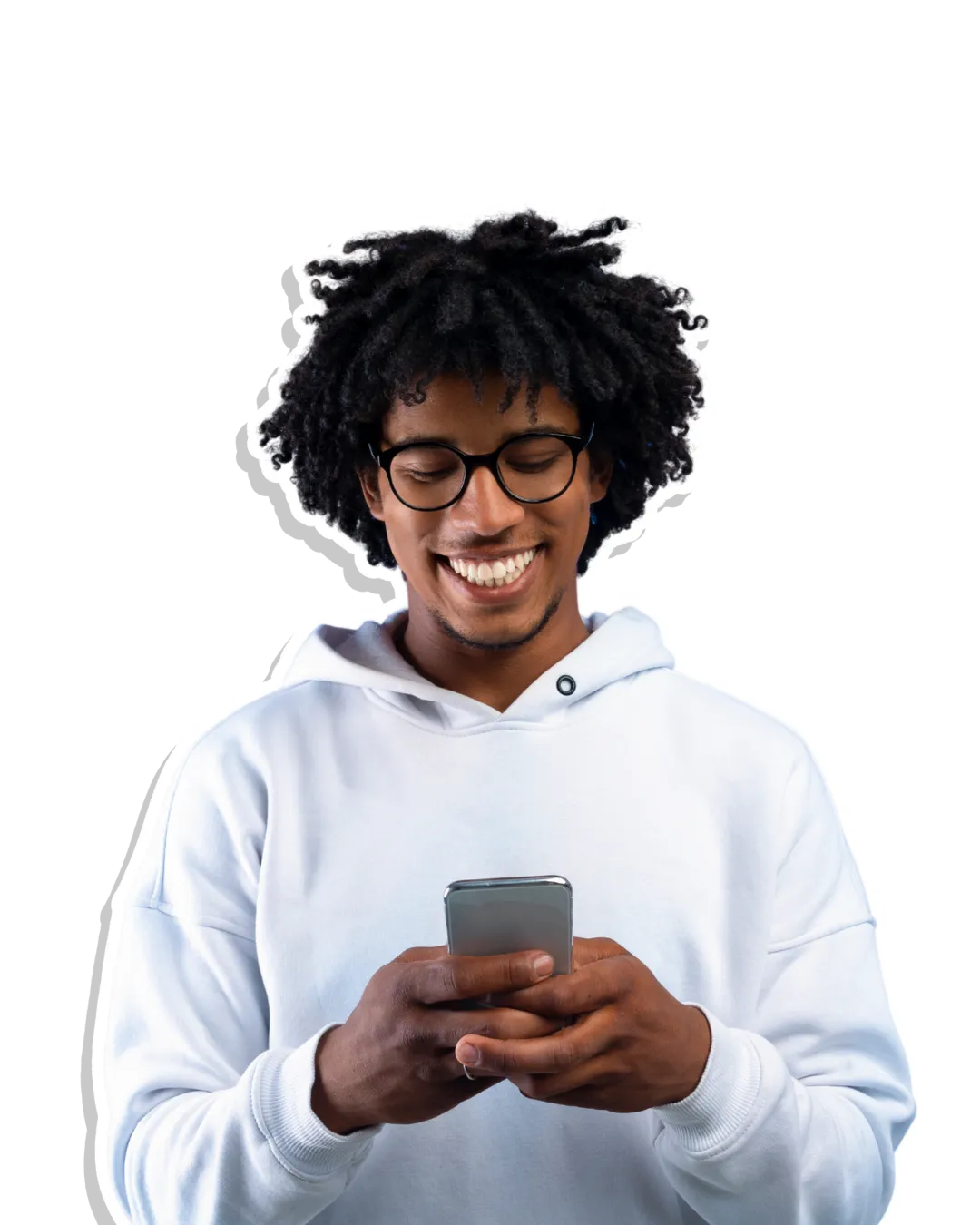 Smiling man in a white hoodie and glasses looking at his phone, like a Bloom Rewards member checking his points.