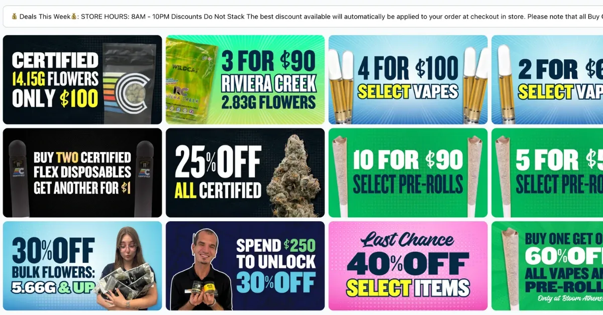 Grid of Bloom Ohio dispensary deal graphics for flower, vapes, pre-rolls and edibles specials