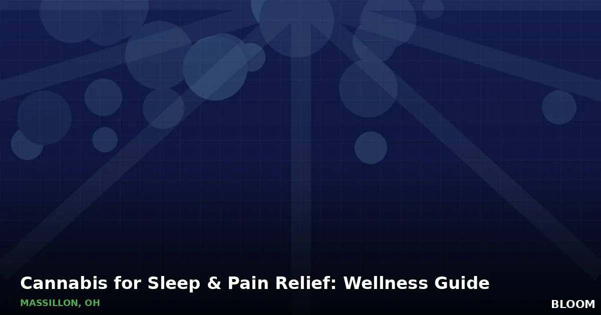 Dark blue Bloom title graphic reading Cannabis for Sleep & Pain Relief: Wellness Guide, Massillon, OH