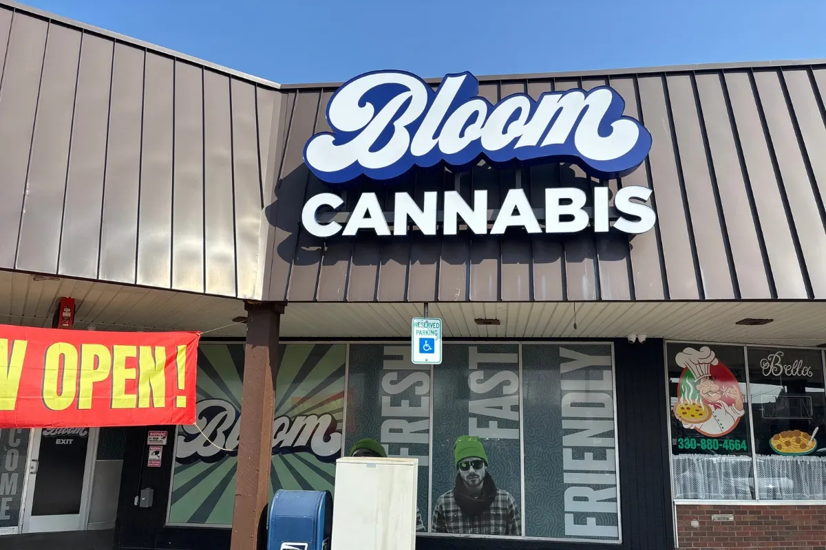 Bloom Cannabis storefront in Massillon, Ohio with an illuminated Bloom sign and a Now Open banner