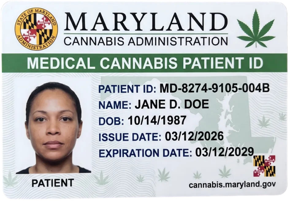 Sample Maryland medical cannabis patient ID card issued by the Maryland Cannabis Administration, showing a patient photo, Patient ID number and expiration date