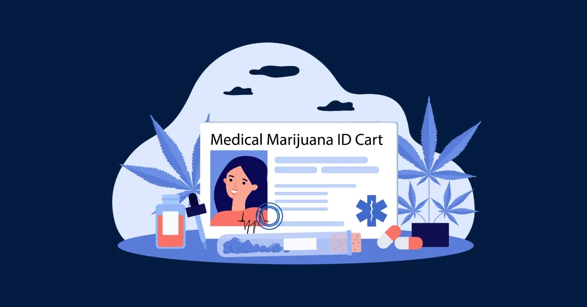 Illustration of a medical marijuana ID card with a patient photo, surrounded by cannabis leaves, pill bottles and a stethoscope