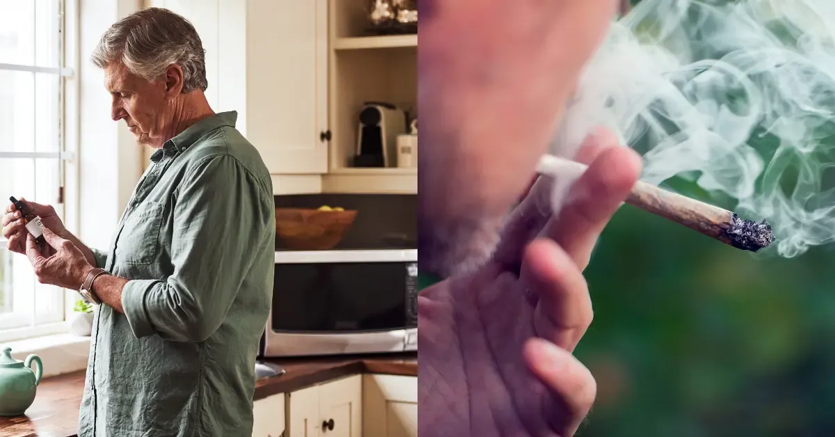 Split image of an older medical patient holding a cannabis tincture bottle in a kitchen and a hand holding a lit joint