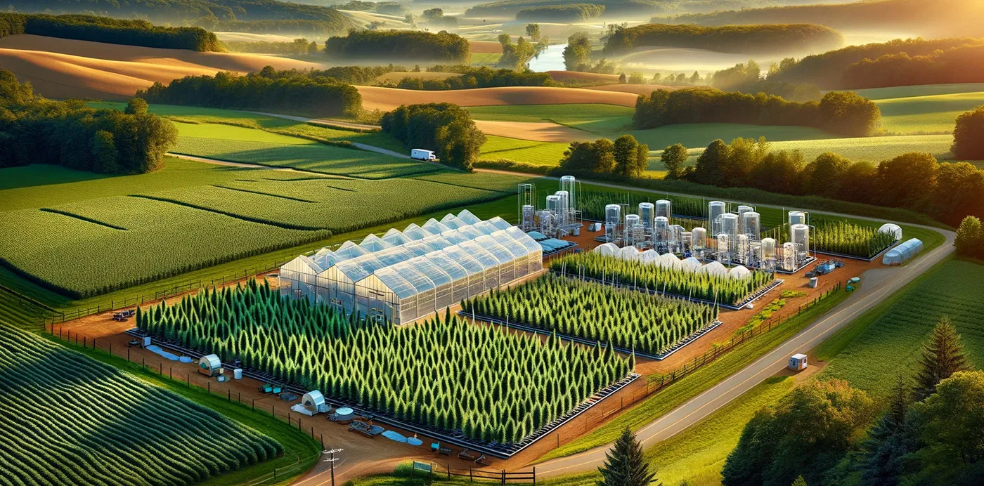 Aerial illustration of an Ohio medical cannabis farm with greenhouses and fields at sunset