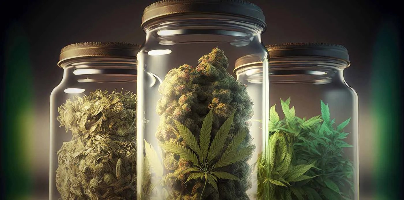 Glass jars holding different cannabis strains stored side by side