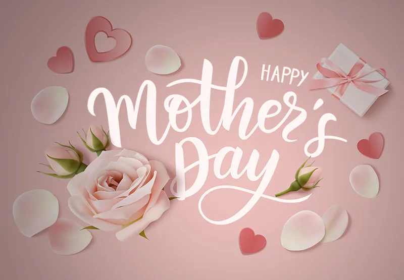 Happy Mother's Day lettering on a pink background with a rose, petals and a gift box