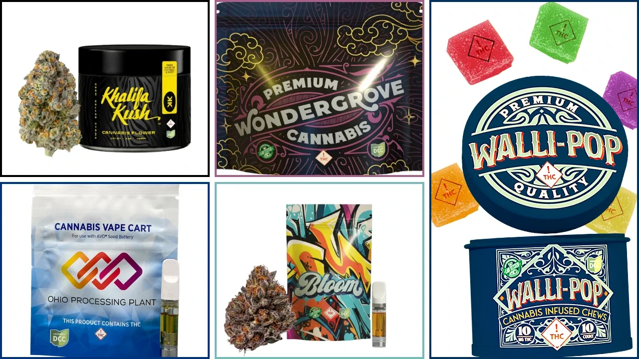 Ohio cannabis products sold at Bloom: Khalifa Kush flower, Wondergrove packaging, a vape cartridge, Bloom flower and Walli-Pop gummies