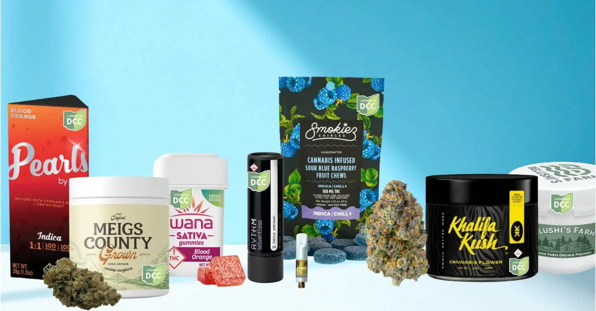 Assortment of Ohio cannabis products including Wana gummies, Meigs County flower, Khalifa Kush flower, a vape cartridge and loose buds