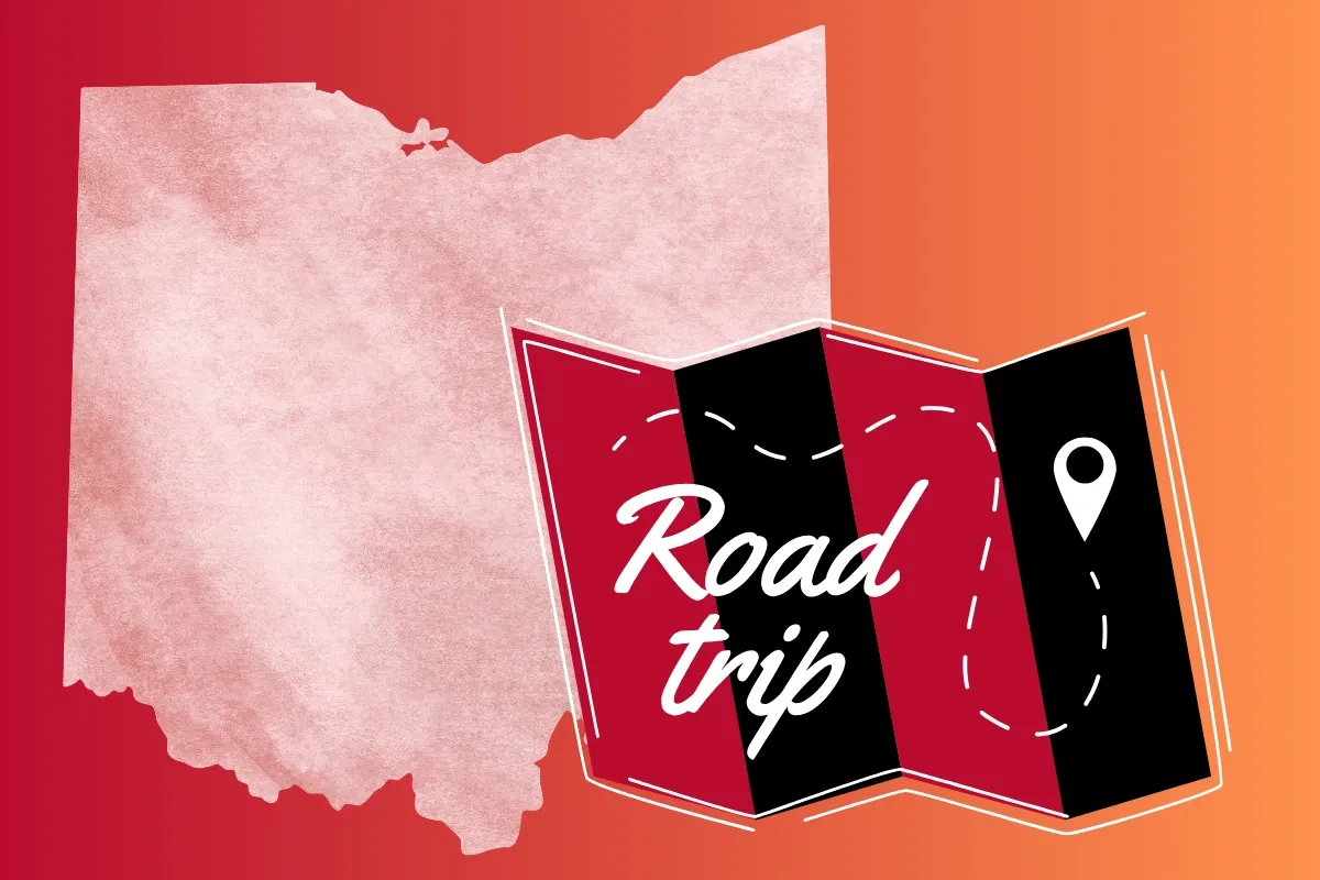 Illustrated Ohio state map beside a folded road trip map with a location pin