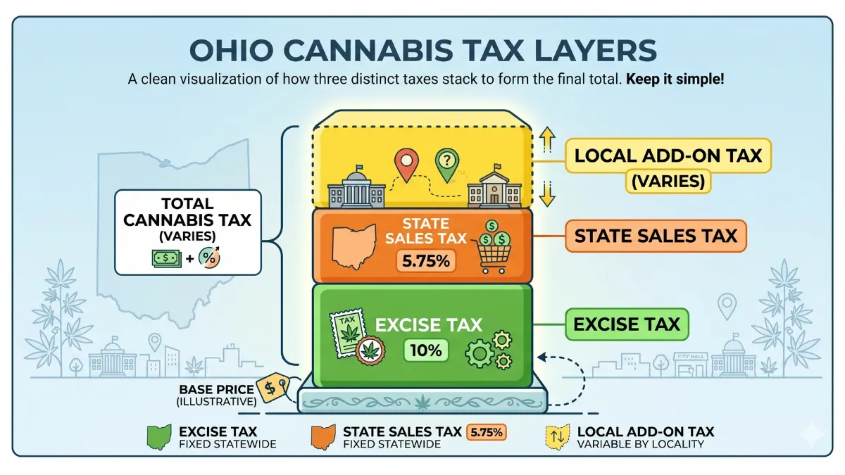 Infographic of Ohio cannabis tax layers: 10% excise tax, 5.75% state sales tax and a local county tax that varies