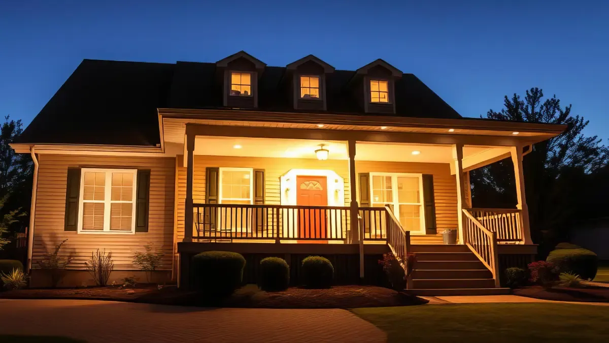 A lit front porch of an Ohio house at night — private residential property where adults can use cannabis with the owner's permission