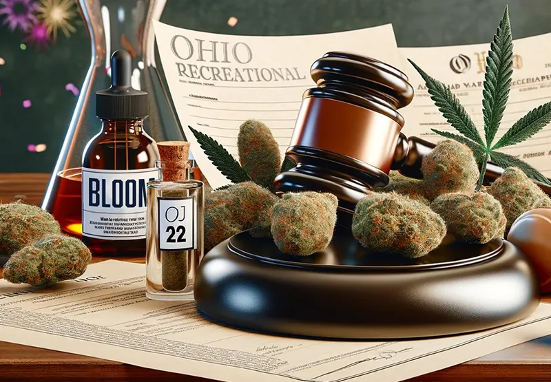 Judge's gavel on cannabis buds beside an Ohio recreational cannabis law document and a Bloom tincture bottle