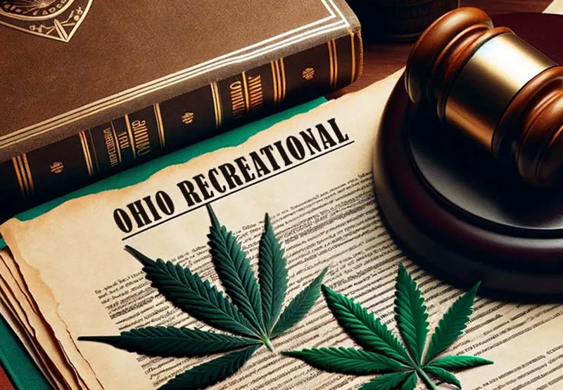 Ohio recreational cannabis law document with cannabis leaves beside a judge's gavel and law books