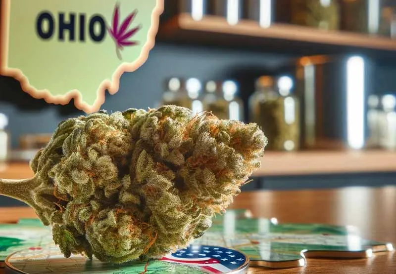 Close-up of a cannabis bud on a dispensary counter beside an Ohio map sign with a cannabis leaf
