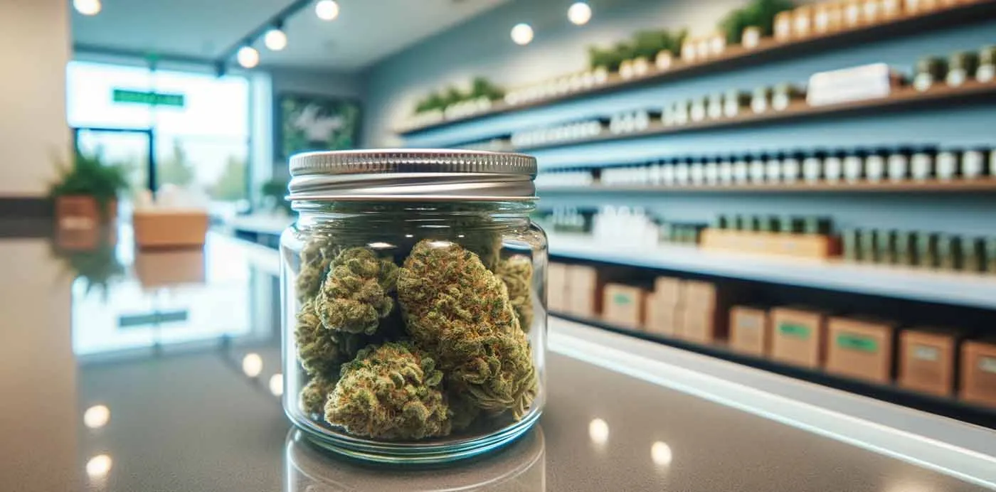Glass jar of cannabis flower on a counter in a bright Ohio dispensary