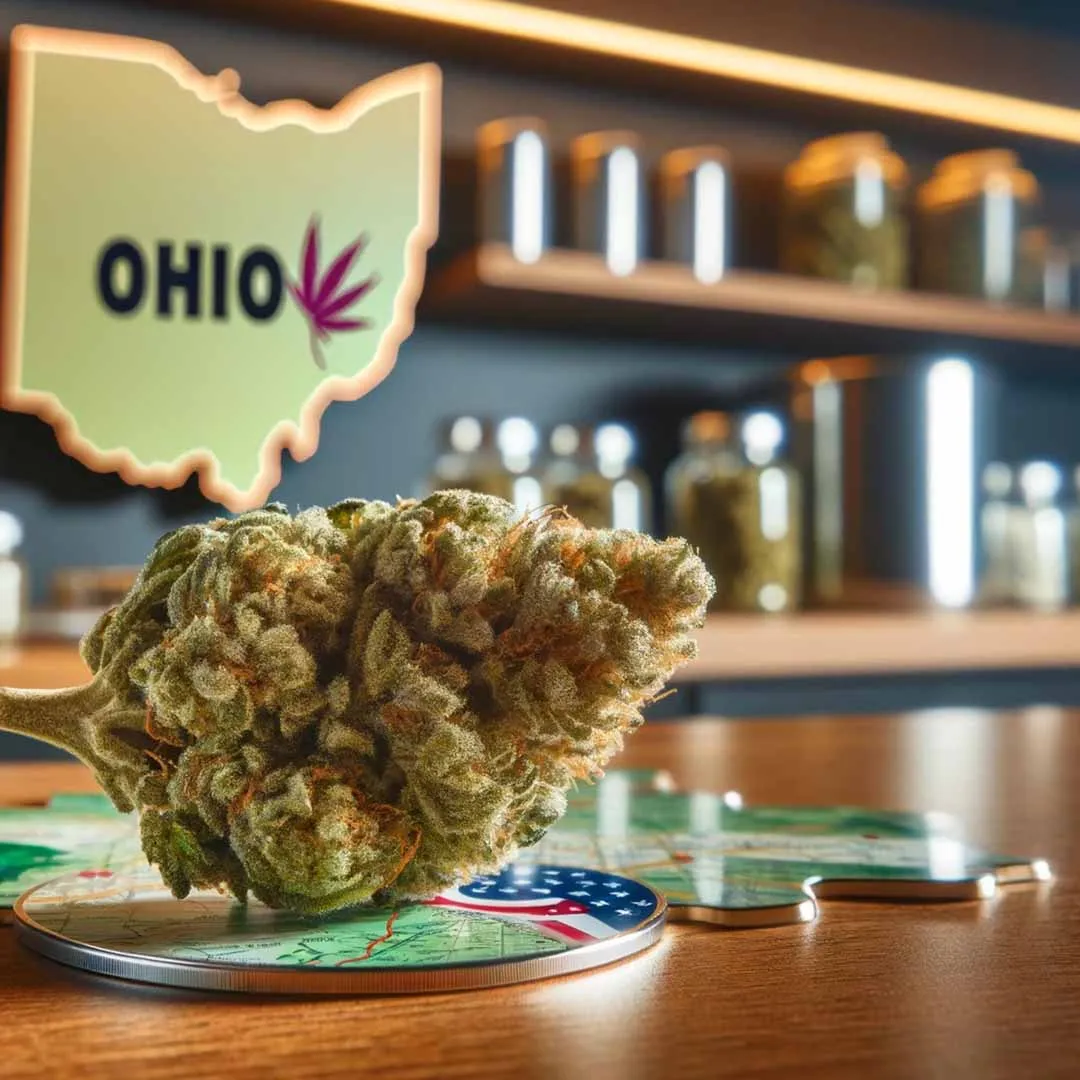 Cannabis bud on a dispensary counter in front of an Ohio map sign with a cannabis leaf
