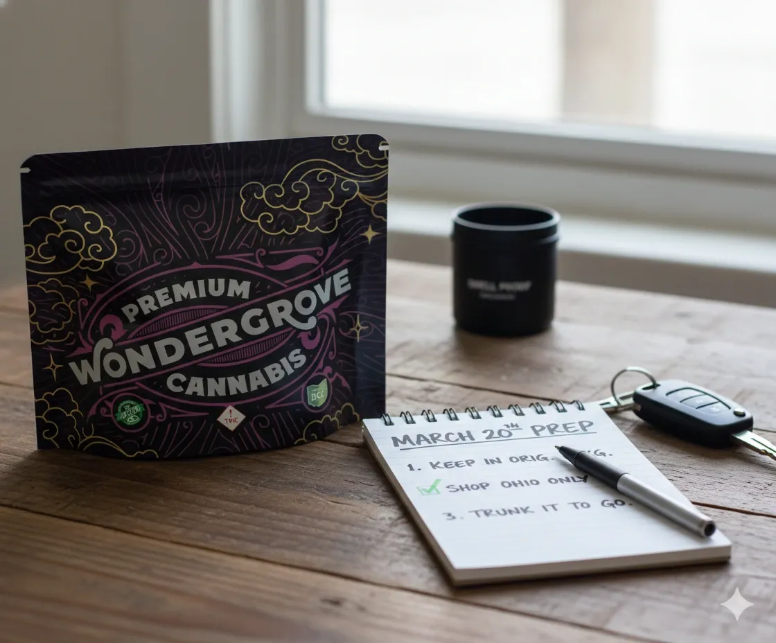 Wondergrove cannabis pouch on a table beside a notepad checklist for Ohio's SB 56 law, a pen and car keys