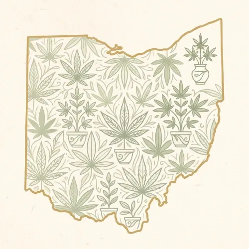 Illustration of the state of Ohio filled with cannabis leaves and potted plants, for growing cannabis at home in Ohio