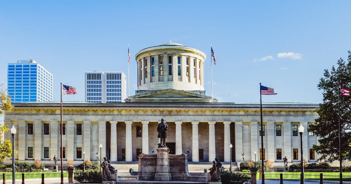 Ohio Statehouse in Columbus on a sunny day, where cannabis tax funds for local communities were announced