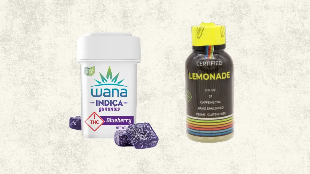Pack of Wana Indica blueberry gummies next to a cannabis-infused lemonade drink