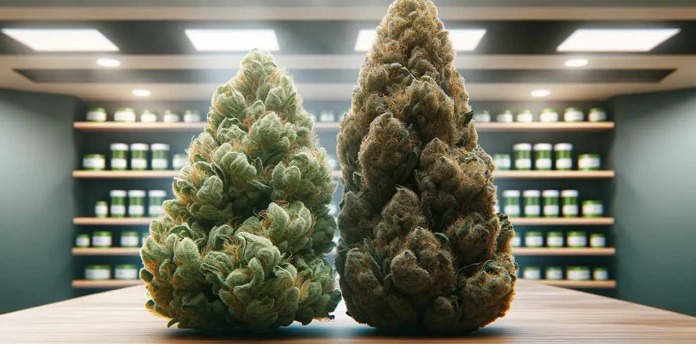 Two large cannabis buds of different strains side by side in a dispensary