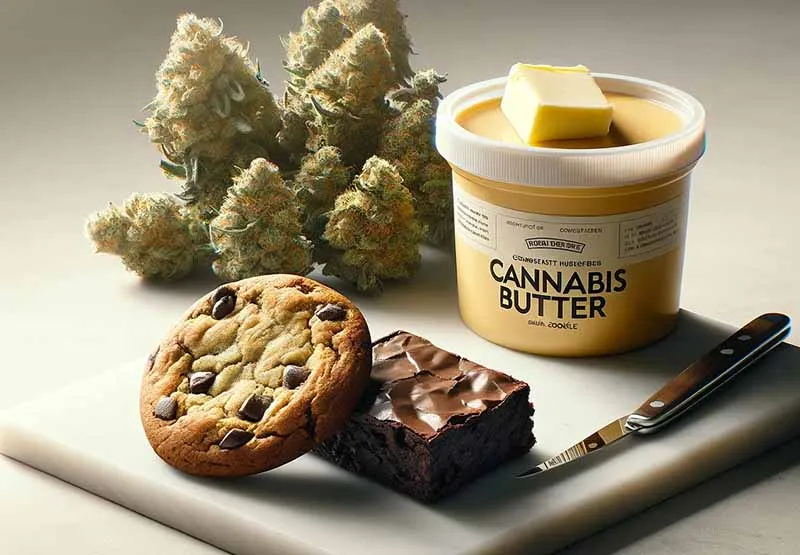 Chocolate chip cookie and fudge brownie beside a tub of cannabis butter and dried cannabis buds on a marble board
