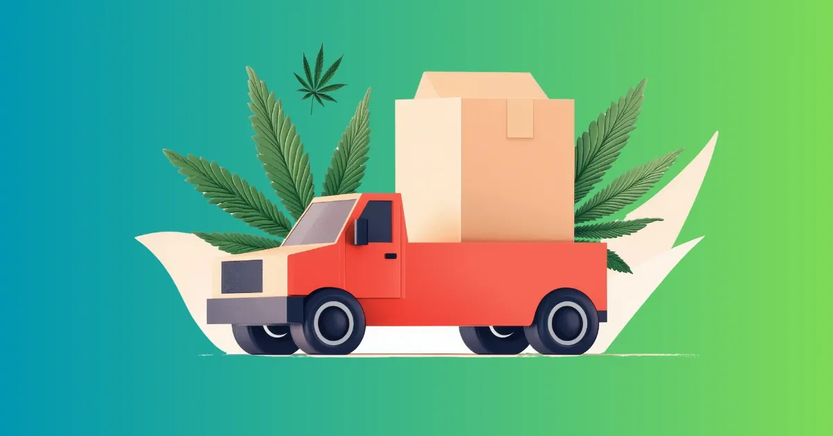 Illustration of a red delivery truck carrying a package past cannabis leaves