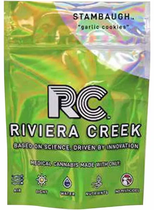 Riviera Creek Garlic Cookies cannabis flower in a green Riviera Creek bag