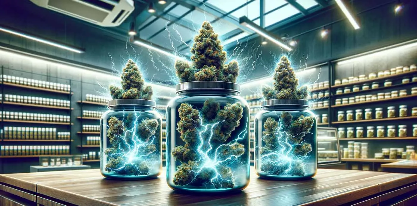Illustration of three glass jars of cannabis flower crackling with blue electricity on a dispensary counter