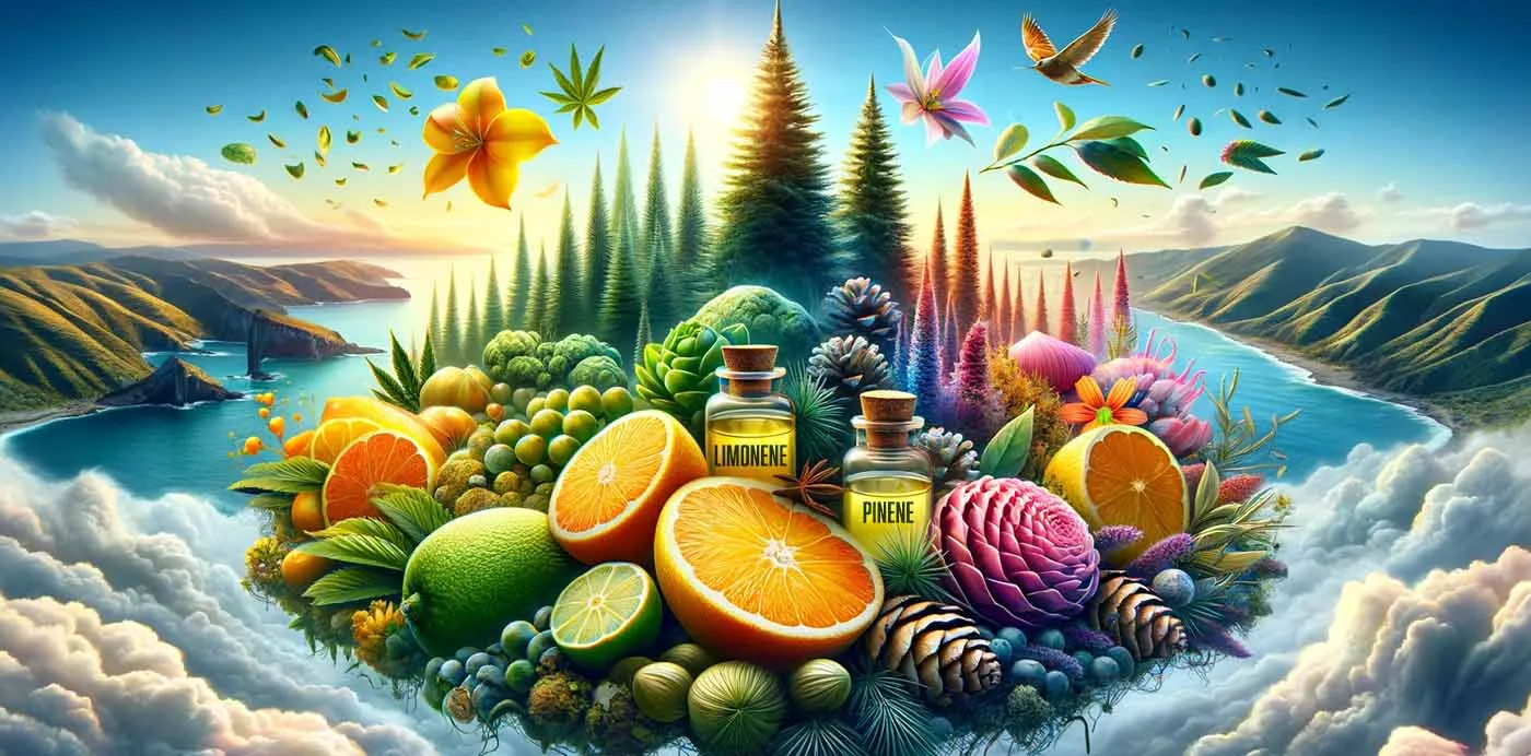 Illustration of oranges, limes, pine trees, pinecones and essential oil bottles representing citrus and pine terpenes