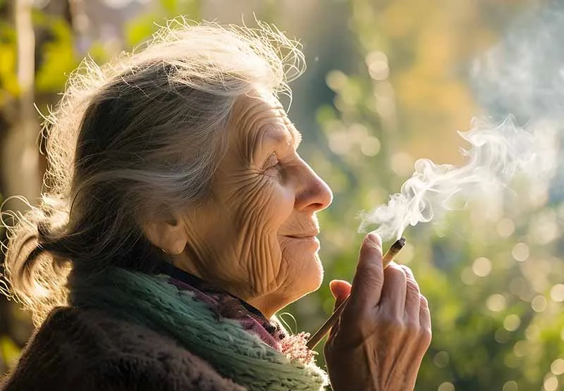 Smiling older woman with gray hair smoking a joint outdoors in warm sunlight