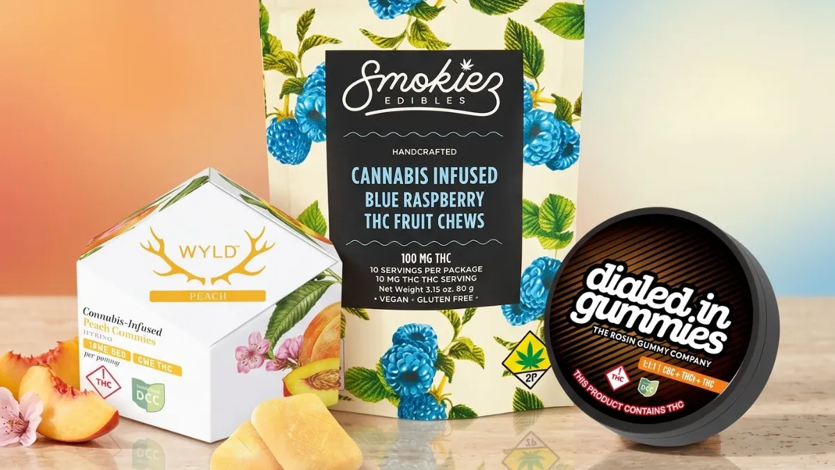 Packages of low-dose cannabis gummies from Wyld, Smokiez and Dialed In