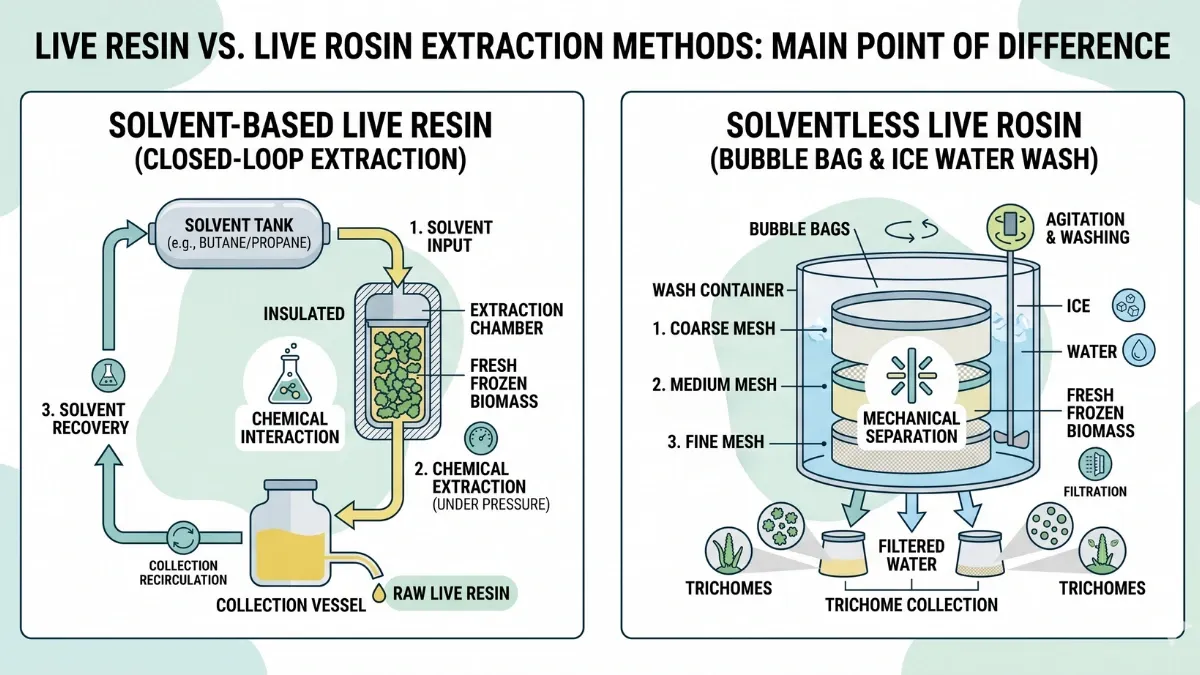 Diagram comparing solvent-based live resin extraction with solventless live rosin made by ice water washing and pressing