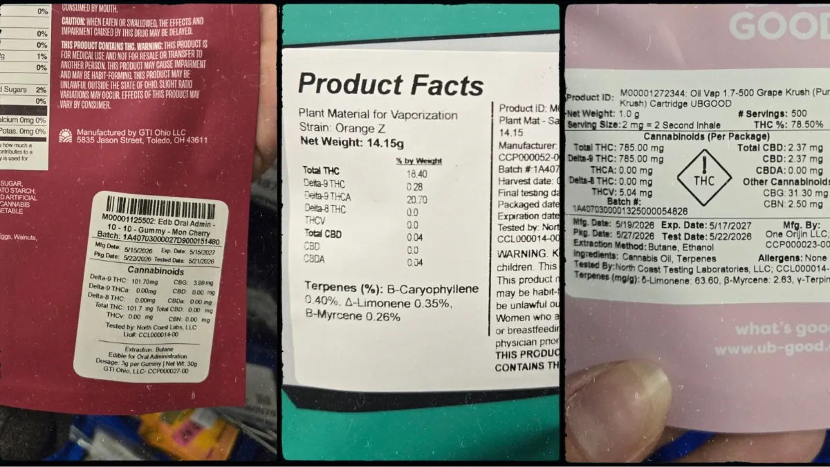 Three cannabis product labels side by side, showing cannabinoid, terpene, batch and date details on flower, edible and vape packaging