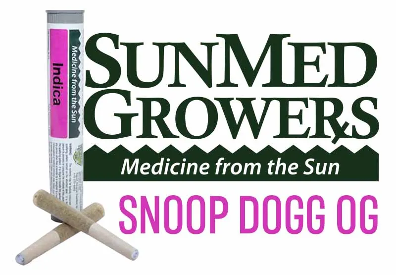 SunMed Growers Snoop Dogg OG indica pre-rolls and tube beside the SunMed logo