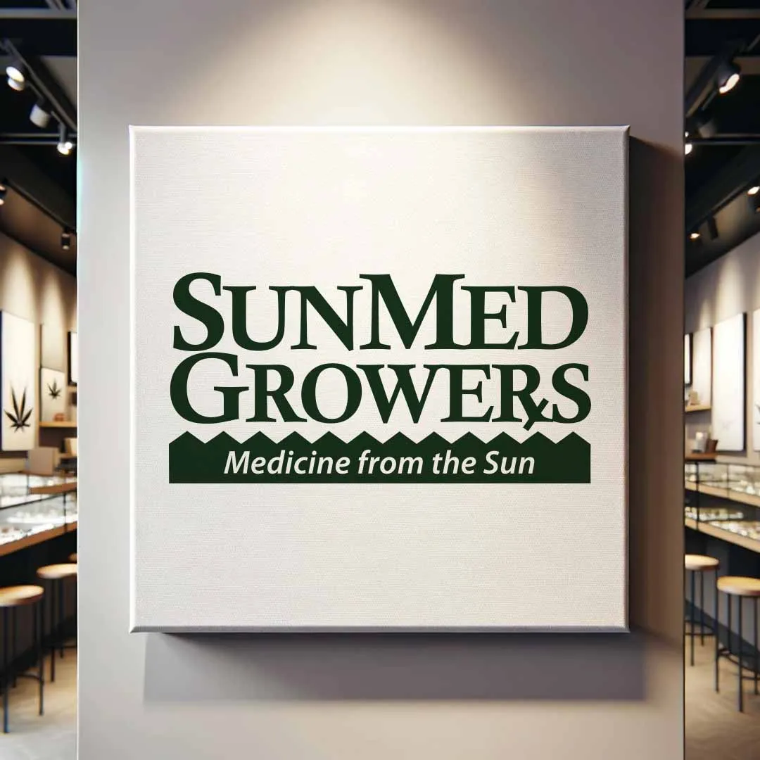 SunMed Growers Medicine from the Sun logo on a sign inside a dispensary