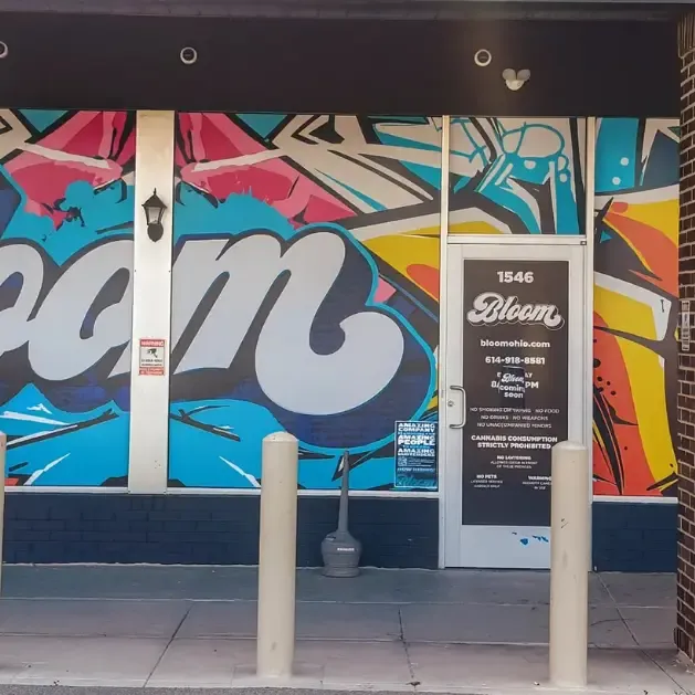 Colorful Bloom mural at the entrance of the Bloom South Columbus dispensary on Lockbourne Road