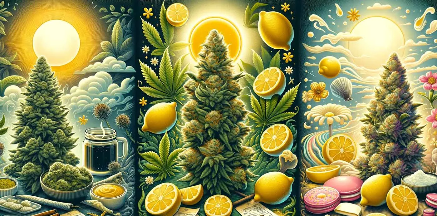 Illustrated triptych of OG Kush, Super Lemon Haze and Vanilla Wafer cannabis plants with lemons and sweets